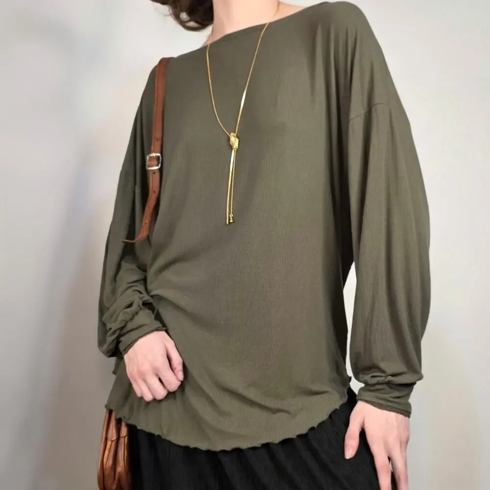 Free People Olive Green Open Back Top Ribbed Boho Twist Back Long Sleeve Small